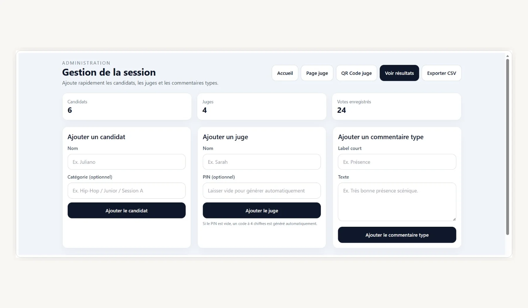 Interface admin Battle Manager pour ajouter les candidats, juges et commentaires types