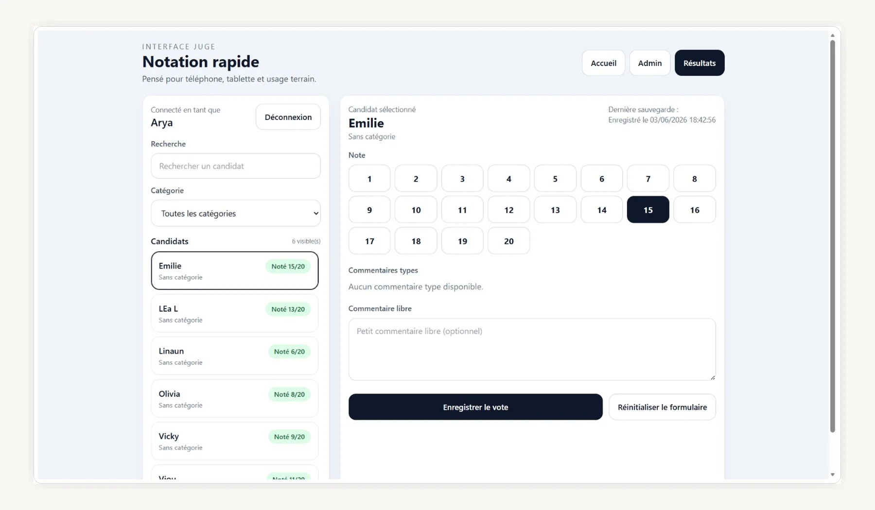 Interface juge Battle Manager pour noter un candidat sur 20