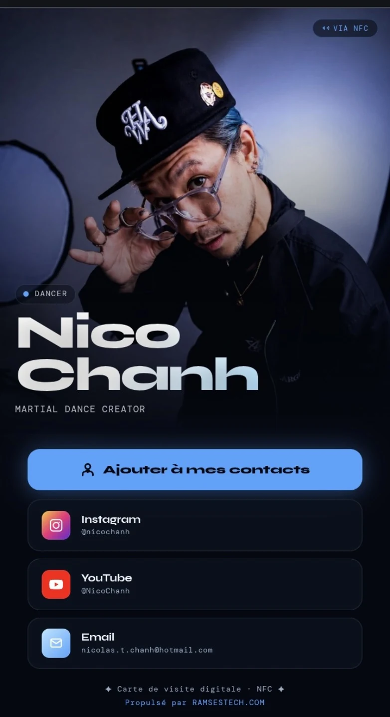 Exemple de carte digitale NFC pour Nico Chanh, danseur