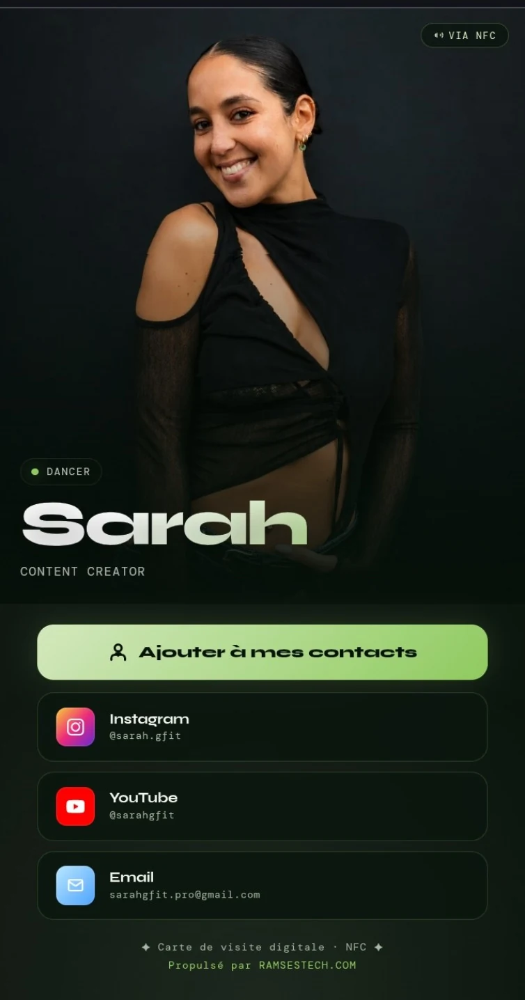 Exemple de carte digitale NFC pour Sarah, danseuse et content creator