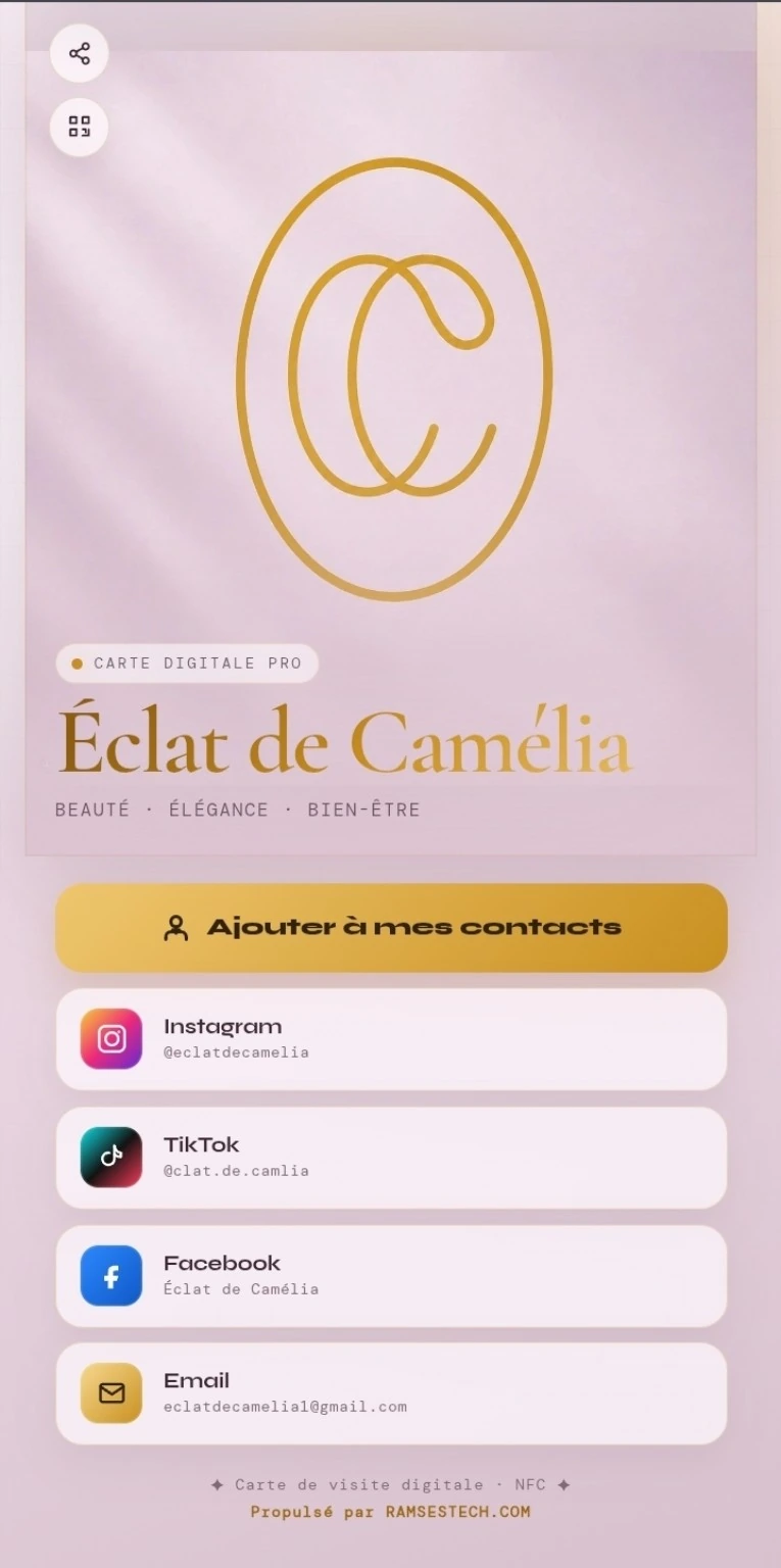 Exemple de carte digitale NFC pour Écla de Camélia, soins visage et bien-être