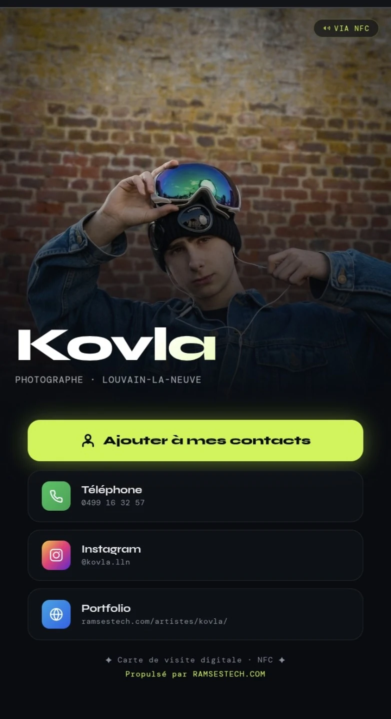 Exemple de carte digitale NFC pour Kovla, photographe à Louvain-la-Neuve