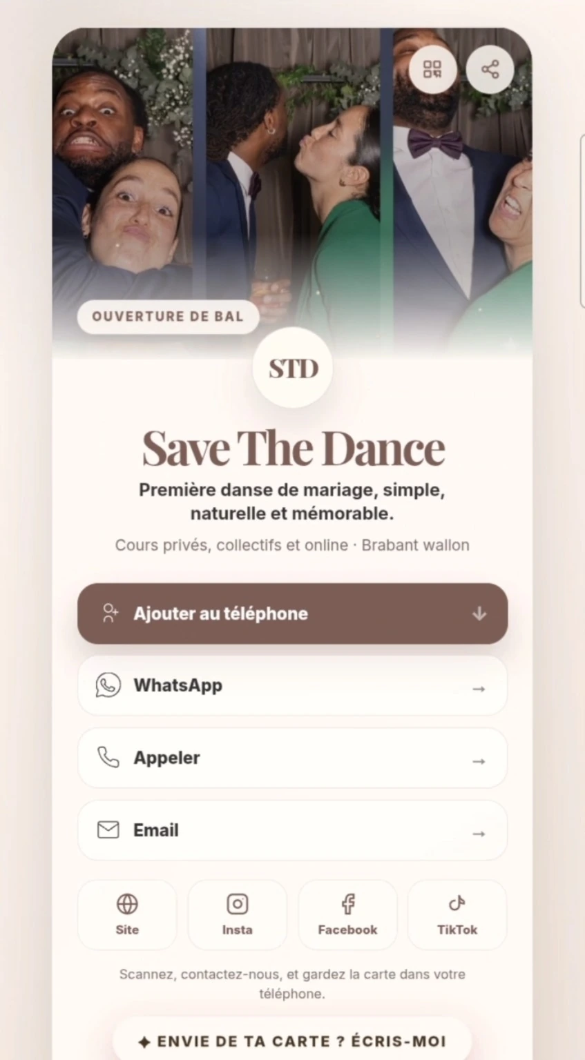 Exemple de carte digitale NFC pour Save The Dance, société de première danse de mariage