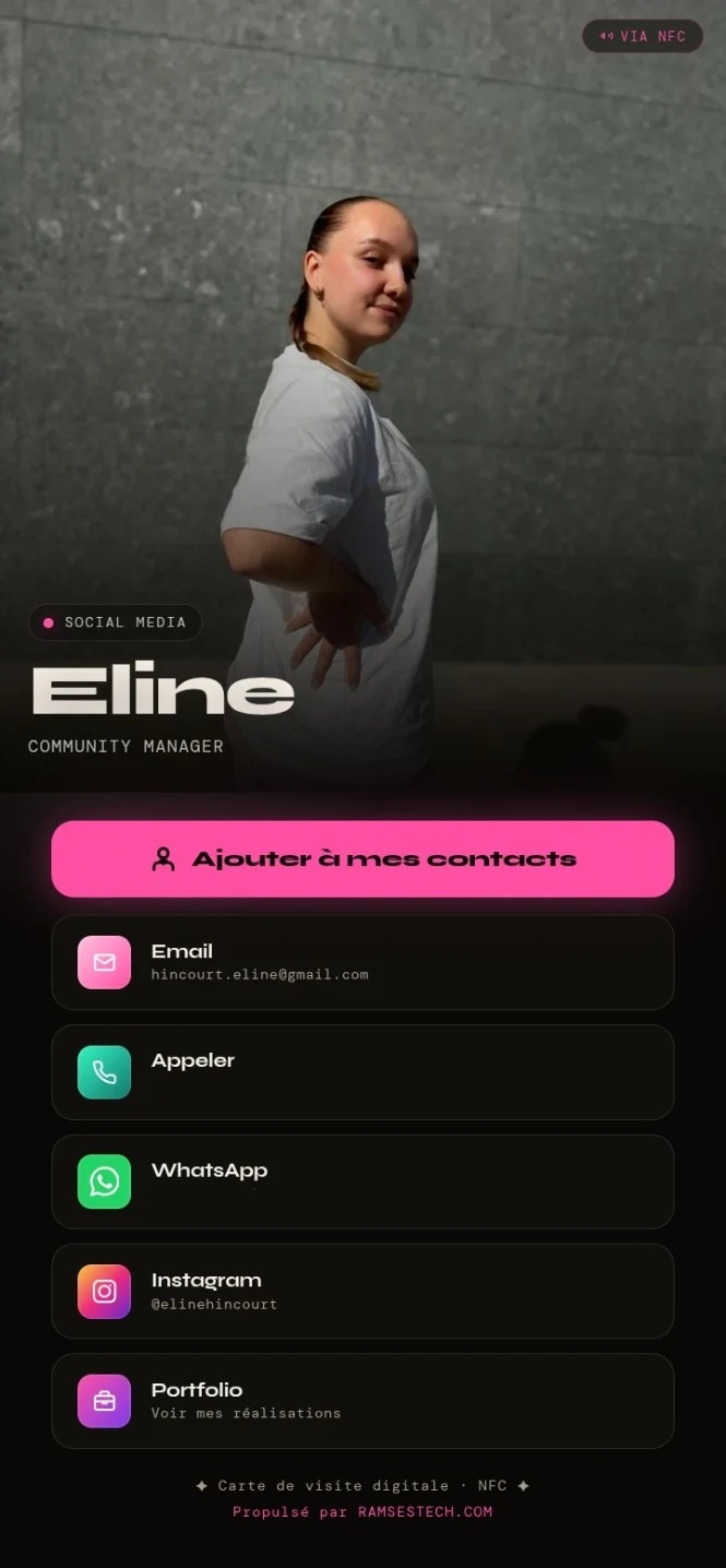 Exemple de carte digitale NFC pour Éline, community manager
