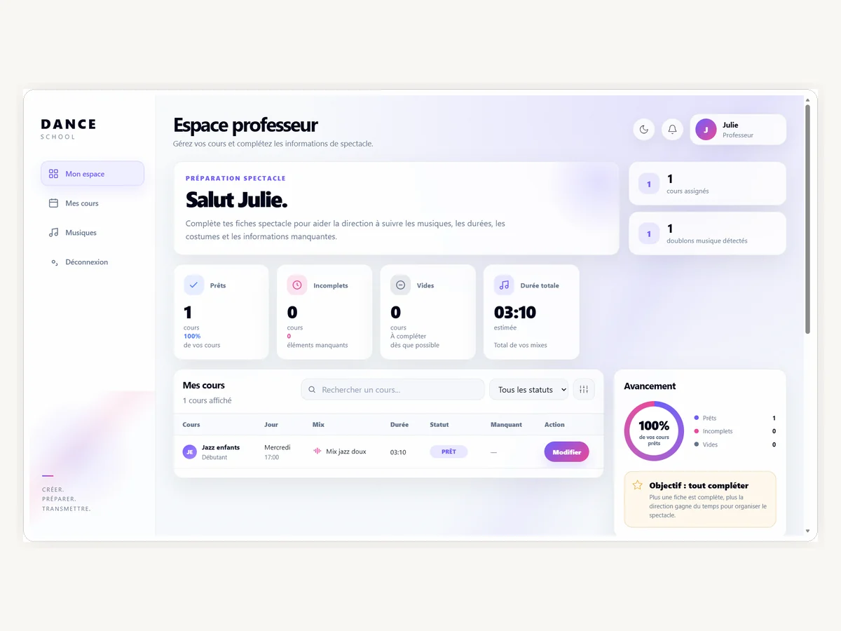 Espace professeur Dance Studio