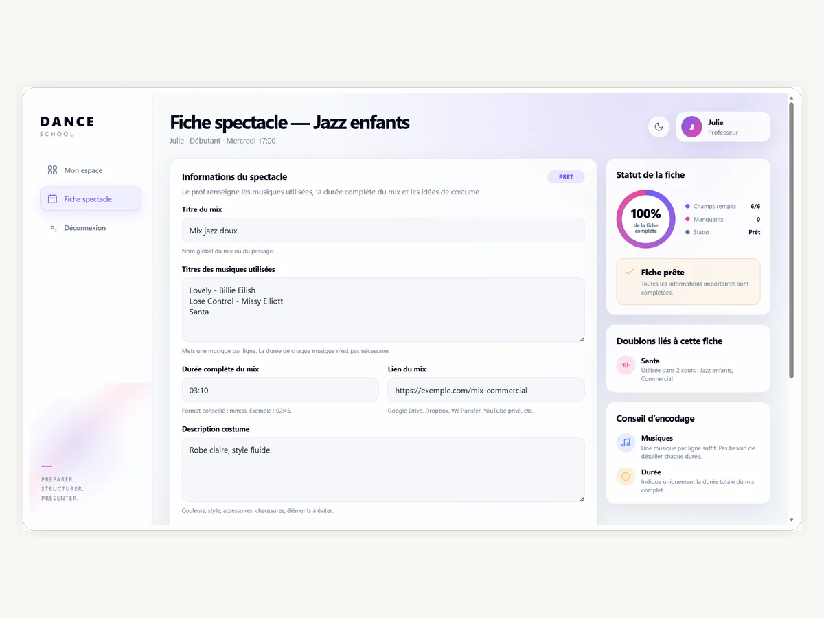 Fiche spectacle Dance Studio avec informations du mix et costume
