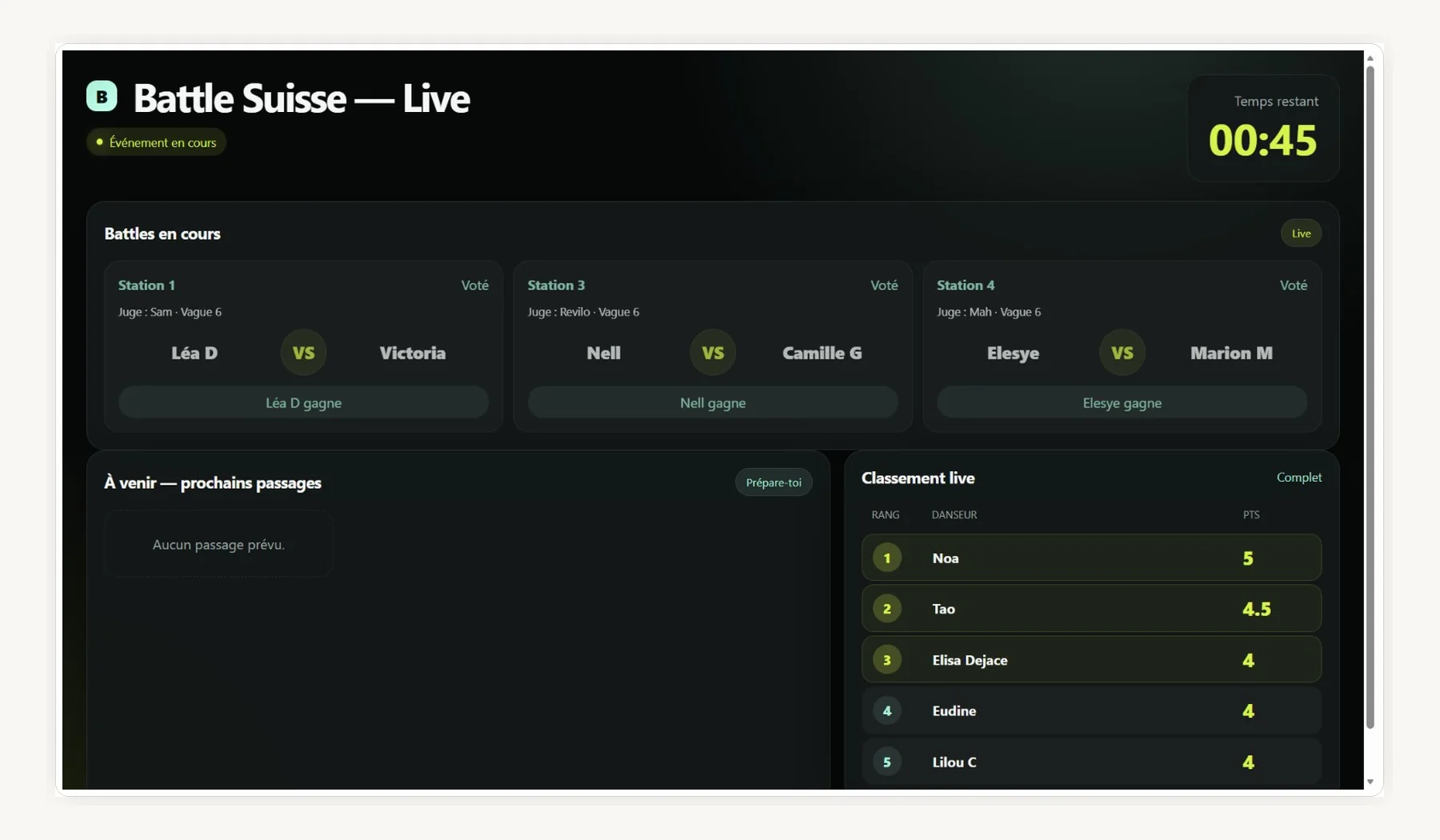 Écran public live Battle Suisse avec battles en cours, timer et classement